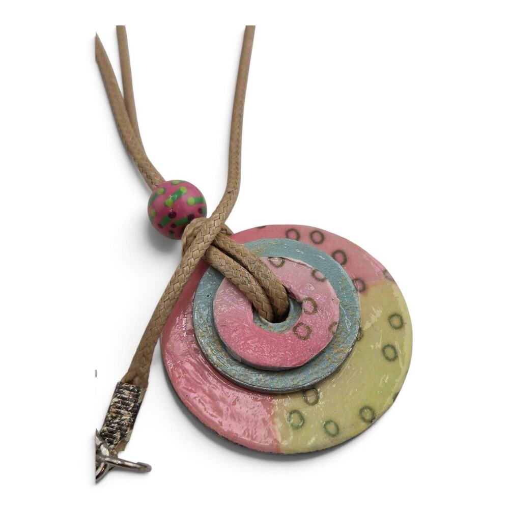 Handmade Artisan Layered Disc Pendant Necklace Pink Yellow Blue Boho Cord